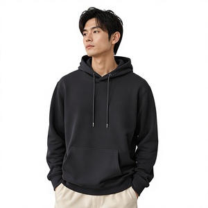 Men's Black Hooded Sweatshirt Regular Fit Solid Color Fleece Cotton Casual Autumn Wear - Product Image 5