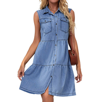 Robe à col polo sans manches pour femmes taille libre coton Denim doublé motifs tissés bouton Simple polyvalent automne