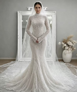 Abito da <span class=keywords><strong>Sposa</strong></span> Personalizzato Stile Sirena in Pizzo, Maniche Lunghe, Vestito Nuziale Completo - Product Image 1
