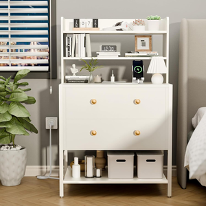 Mesita <span class=keywords><strong>de</strong></span> <span class=keywords><strong>Noche</strong></span> Blanca <span class=keywords><strong>de</strong></span> 24 Pulgadas <span class=keywords><strong>de</strong></span> Ancho con Estación <span class=keywords><strong>de</strong></span> Carga, Mesa Auxiliar <span class=keywords><strong>de</strong></span> 2 Cajones con Estantes Abiertos <span class=keywords><strong>de</strong></span> 4 Niveles para Dormitorio - Product Image 5