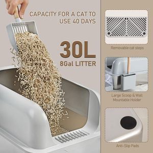 PAIPET Bac à litière pour chat en acier inoxydable avec capot, côtés hauts, système de récupération de litière, support pour pelle, pour chats de grande taille, facile à nettoyer - Product Image 3