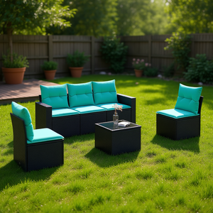 ชุดโซฟาลานบ้าน 6 ชิ้น เฟอร์นิเจอร์กลางแจ้งหวายโพลีสีดำพร้อมเบาะเก็บของ ดีไซน์ทรงสี่เหลี่ยม - Product Image 2