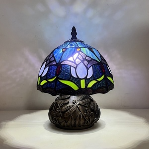 LongHuiJing 8 Inch Scandinavian Style Blue Stained Glass Dome Shade AC Powered <b>Bedside</b> & Reading Table Lamp - Product Image 1
