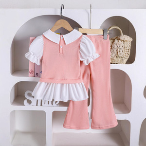 Summer Cute Girl Suits for Small and Medium-sized Children, Fashionable Lapel Two-piece Short-sleeved + Flared Trousers - Product Image 2
