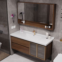 Ensemble de meuble-lavabo mural moderne en MDF laqué noyer avec miroir intelligent intégré et vasque en céramique
