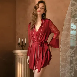 Women's Luxury Sleepwear Embroidery Lace <b>Cami</b> Dress and Flared Belt Robe 2pcs Sexy Nightdress Set - Product Image 2