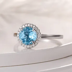 Round Natural Blue Aquamarine with diamond Gemstone Engagement genuine 18k Gold Rings For Women Jewelry
