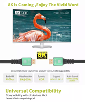 Câble Justlink 8K 2.1 48 Gbps 8K60Hz 4K144Hz HDR Dynamique EARC Tressé Plaqué Or avec Gaine PVC pour HDTV, Projecteur, Lecteur DVD