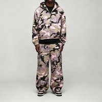 Ensemble de survêtement léger pour homme en sergé camouflage personnalisé 100 % coton, avec fermeture éclair intégrale, 2 pièces, coupe ample à capuche, coupe courte et jambe large, rose et violet