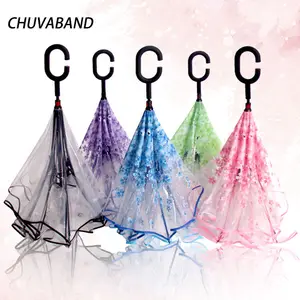 CHUVABAND, оптовая продажа, зонт с цветочным принтом сакуры, с обратной перевернутой прозрачной ручкой с C-образной ручкой, автомобильные перевернутые зонтики
