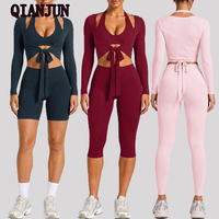 Ensemble de yoga 6 pièces pour femme : haut court à manches longues à nouer devant, boléro, soutien-gorge de sport à col halter et leggings taille haute – Tenue d'entraînement