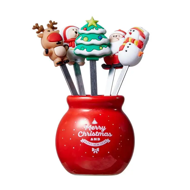 5 Stuks Kerst Kawaii Fruitvork Met Houder, Schattige Voedselkeuzes Kinderen Bento Accessoires Cake Dessert Salade Vorken