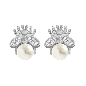 Orecchini a Perno E1654 a Forma di Insetto, Placcati in Oro Bianco con Perla Coltivata AAA Rotonda, Montatura Pavé, Eleganti per Uso Quotidiano Femminile - Product Image 4