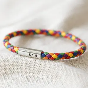 2023 New Wholesale Bohemia Design Custom Stainless Steel Personalized Slim Rainbow Braided Leather Bracelet