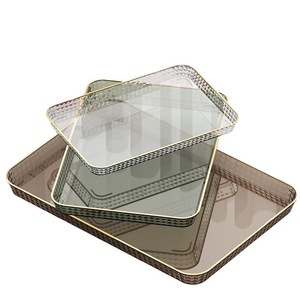 Bandeja de Almacenamiento Rectangular Transparente con Borde Dorado, Apilable, de Plástico, para Tazas de Café, Frutas, Postres, Decoración de Mesa, Organizador - Product Image 1