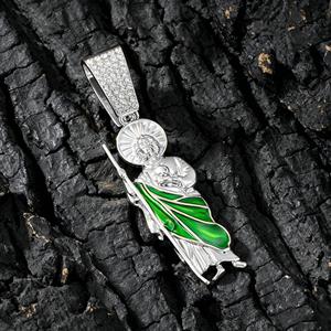 Conjunto de Cadena Miami Cuban Link y Colgante de San Judas con Diamantes CZ, Chapado en Oro, Estilo Hip Hop, Esmalte Verde, Religioso, de Moda - Product Image 4