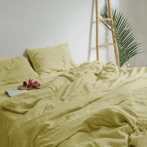 European Linen Solid Bedding Sets Preshrunk Organic Pure Linen Bed Sheet 185gsm Flax Linen Quilt Cover Set Stone