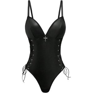 FOXA Women's Gothic Cross <b>Bodysuit</b> Faux Leather Lace Up Sleeveless One Piece Nightwear Tummy Control <b>Shapewear</b> - Product Image 1