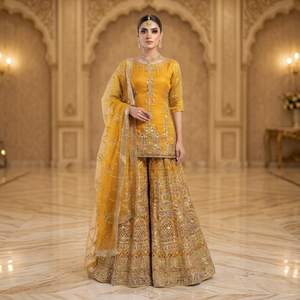 Salwar Kameez de Seda Amarillo Bordado, Vestido de Novia Tradicional para Mujer, Largo hasta el Suelo, Listo para Usar, Estilo India Pakistán - Product Image 5