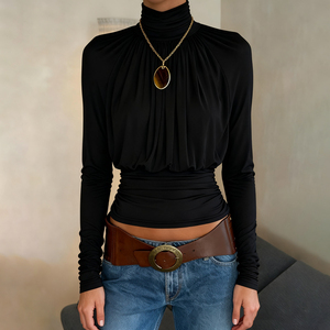 Haut à col roulé plissé en tricot à manches longues, couleur unie, coupe ajustée, décontracté, tendance, polyvalent, pour tous les jours - Product Image 5