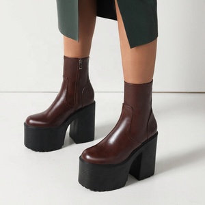 Side Zipper Women Thick Sole Short Boots Block Medium <b>Heels</b> Shoes <b>Round</b> <b>Toe</b> High Platform US Size 11 Pumps - Product Image 1