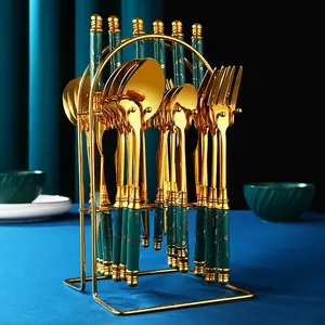 Hộp Quà Tặng Treo Thép Không Gỉ Dao Kéo Dao Muỗng Nĩa Set 24Pcs Flatware Sets Với Kim Loại Đứng