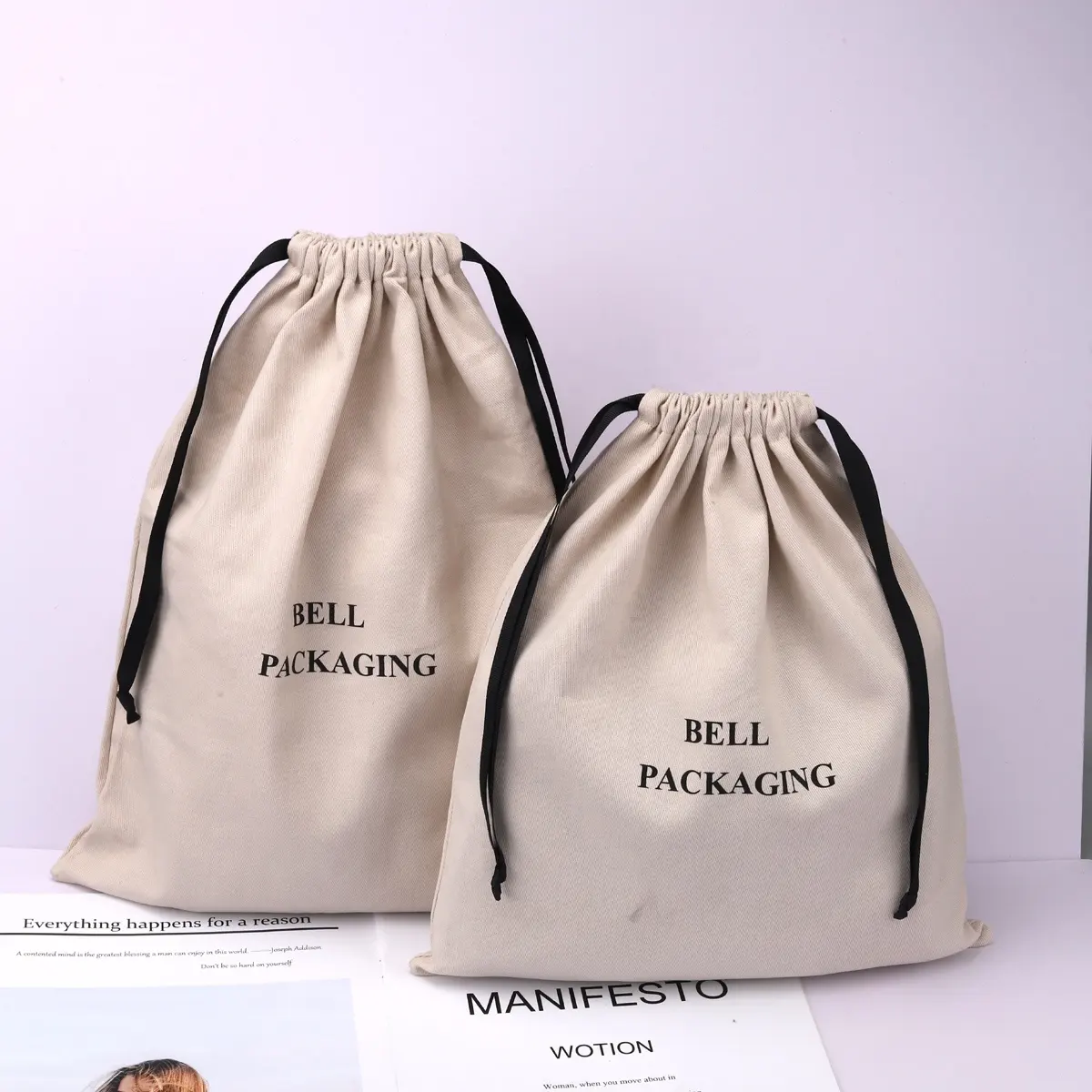 Custom Logo Printing Beige Color Drawstring Cotton Twill Dust Pouch Promotion Gift Cotton Shopping Shoe Bag