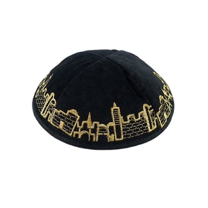 Kipá de Terciopelo Personalizada con Bordado de Jerusalén, Sombrero Judío para Bar Mitzvah, Bodas, Venta al por Mayor, OEM, ODM, Gorra de Terciopelo Negro para Hombre - Product Image 1