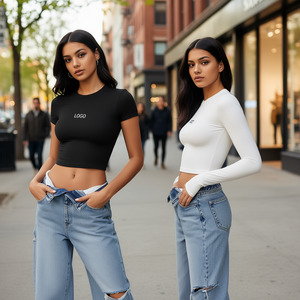 Slim Fit Women's Printed Short <b>Sleeve</b> Crop Top In Terry Fabric Spandex Nylon For Spring Autumn Street Wear Custom Brand YLZC8743 - Product Image 2