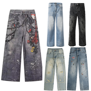 Jeans en denim gris vintage à jambes larges pour femmes, style baggy, effet usé, avec chaînes, streetwear, jeans en denim pour femmes - Product Image 1