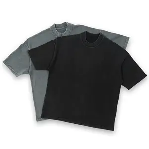 Оптовая продажа 230gsm тяжелый вес с круглым вырезом Мужская футболка с пуховым плечом серого и черного цвета в винтажном стиле