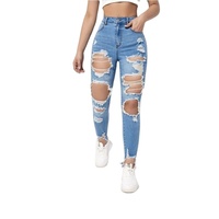 Jean en denim déchiré foncé pour femme, coupe skinny droite, taille haute, respirant, écologique, séchage rapide, avec rivets et volants, vente en gros