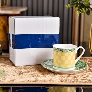 Hot Selling Luxurious American Style Checkerboard Ceramic Mug and Saucer for Coffee Shops - Product Image 3