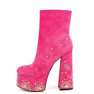 Zapatos con Diamantes de Colores, Botines Personalizados con Punta Redonda para Mujer, Plataforma, Cierre Lateral, Tacón Alto y Grueso - Product Image 1