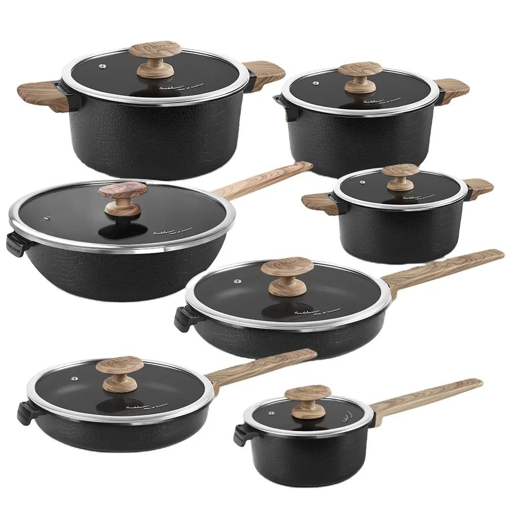 12 hoặc 10 PC Die Cast nhôm không dính Cookware Set không dính nồi súp Nồi sữa nồi và chảo chiên đặt nhôm Pan với nắp