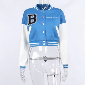 Women's Cropped Varsity <b>Jacket</b> Wool Blend Bomber <b>Jacket</b> Button Front Embroidered Letter <b>Patchwork</b> Winter Outerwear - Product Image 2