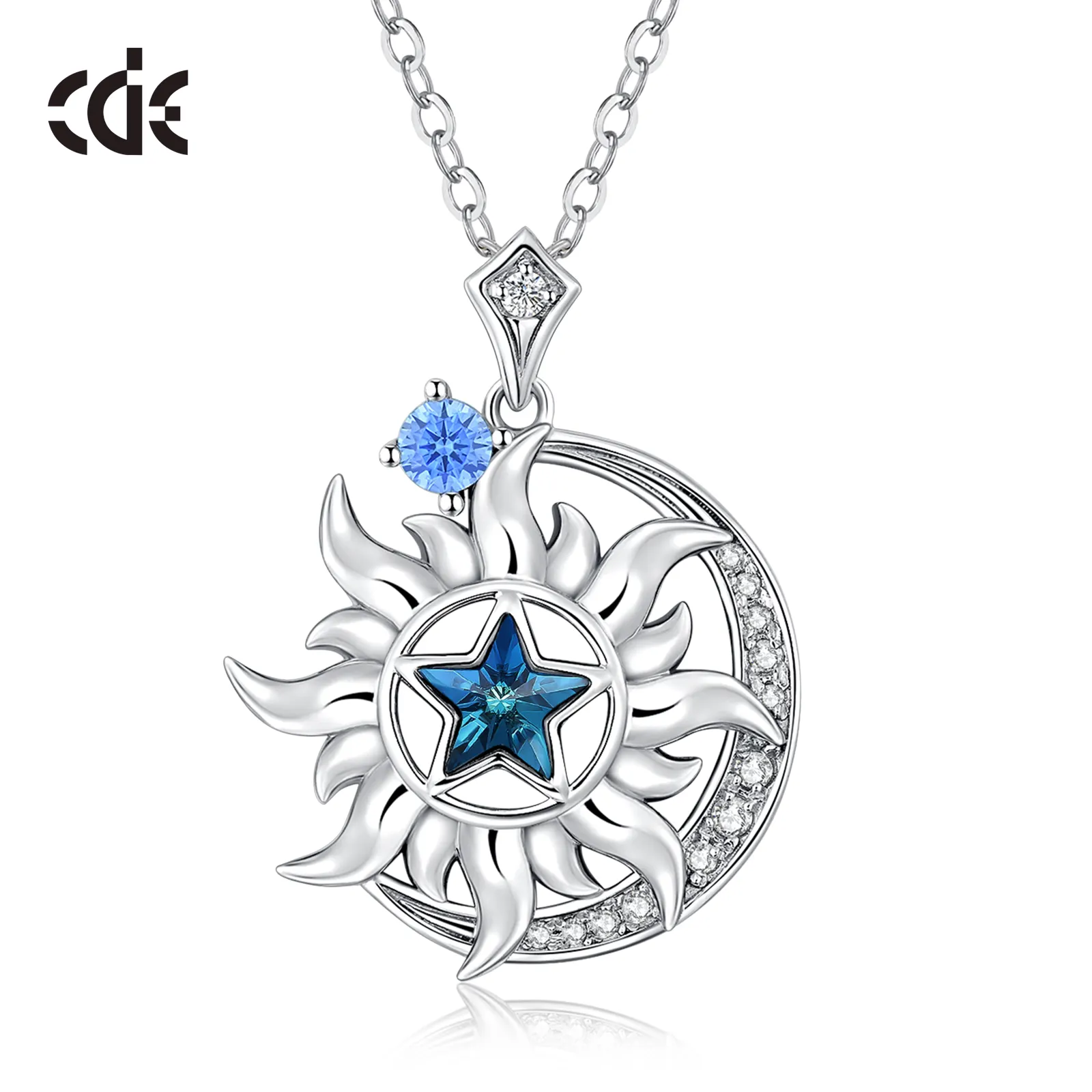 CDE ssyn010 sáng tạo đồ trang sức 925 Sterling Silver Star-Moon-Sun Totem Vòng cổ bán buôn Rhodium mạ màu xanh pha lê Vòng cổ