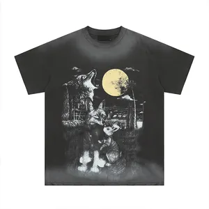 Factory Customized Men's High Quality Cotton T Shirt Starvation Wolf Full Moon Smiling Face Print High Street Couple Tshirts