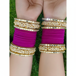 <b>Gold</b> Plated Mirror & Pearl Velvet <b>Bangles</b> <b>Set</b> for Women Traditional Ethnic Fashion Jewelry <b>Set</b> for Special & Special Occasions - Product Image 2