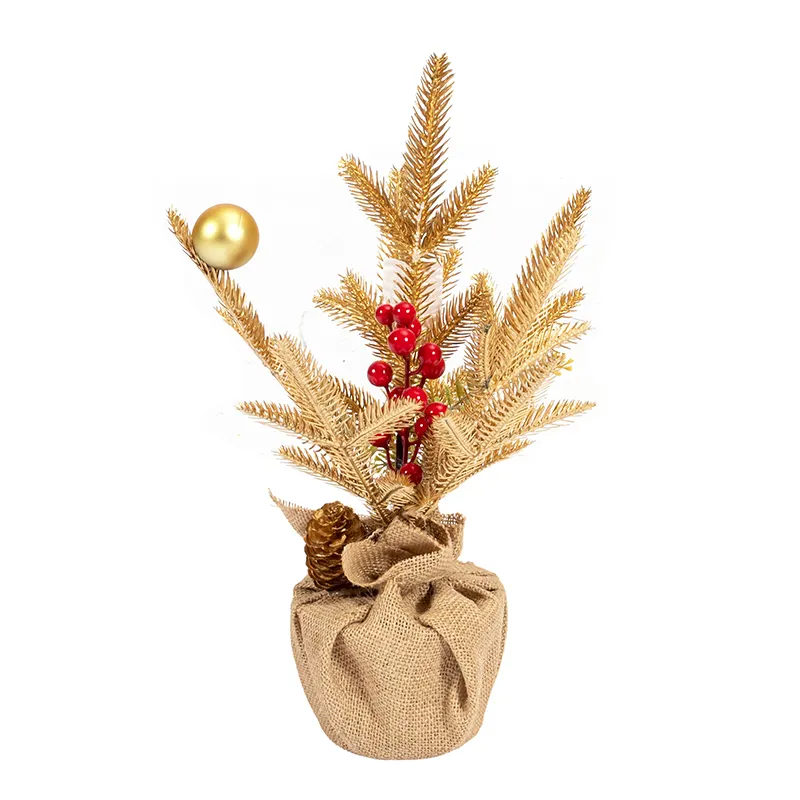 2024 Eco PE Christmas Tree Yellow with Christmas Decoration Red Berries Linen Stand
