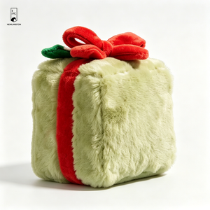 Boîte cadeau en peluche vert sauge avec visage souriant brodé, ruban rouge, jouet décoratif kawaii pour les fêtes - Product Image 3