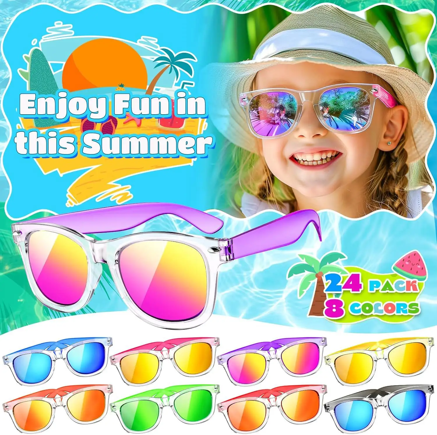 Kacamata hitam anak-anak, kacamata hitam Neon pesta massal untuk anak-anak 4-8-12 gaya dengan perlindungan Uv400