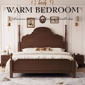 Lit double rétro américain en bois massif 1,5m 1,8m, lit avec ciel de lit sculpté à la main, style français vintage, pour chambre principale - Product Image 4
