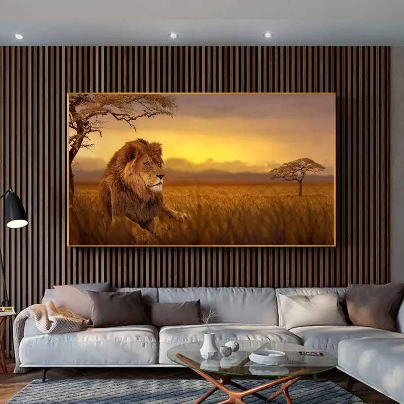 Gambar Poster Kanvas Lukisan Hewan Pemandangan Cetak Gambar Abstrak Gambar Seni Dinding Pohon Singa untuk Ruang Tamu Dekorasi Rumah