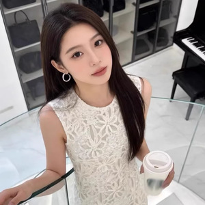 French Style White Sleeveless Patchwork Dress O Neck Natural Waist Daily Casual Long Dress - Product Image 2