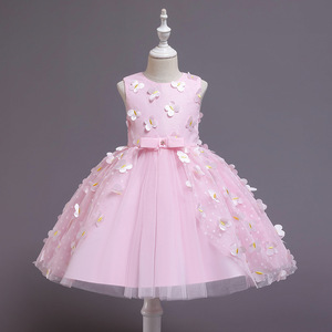 Robe de demoiselle d'honneur pour filles, en Tulle bleu clair, ligne A, sans manches, col rond, robe de princesse avec fleurs, robe de soirée pour enfants - Product Image 4