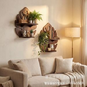Wooden Leaf Shaped Wall <b>Shelf</b> Double Layer Storage <b>Rack</b> For Books And Plants Retro Color Durable - Product Image 4