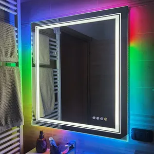 Miroir de salle de bain LED illuminé 800x800mm Miroir mural carré Dimmable 8 RGB rétro-éclairé 3 couleurs avant Anti-buée Mémoire étanche - Product Image 1