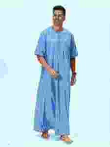 <b>Men's</b> Blue Cotton <b>Thobe</b> Round Neck Short Sleeve Floor Length Loose Fit Casual Daily Wear Middle Eastern Traditional Clothing - Product Image 1
