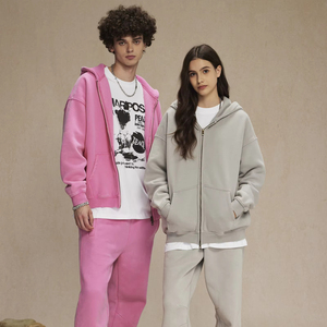 Streetwear rétro unisexe épaule tombante pour hommes Vintage lavé à capuche et pantalons de survêtement ensemble surdimensionné Double fermeture éclair à capuche - Product Image 1